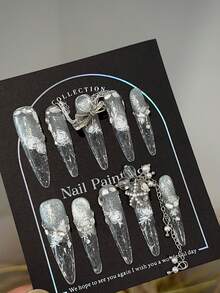 10pcs/Set Handmade Press-On Nail Tips, Millennial Style Stiletto False Nails, Silver Cat-Eye Gel Nail Stickers With Flower, Rhinestone And Bow Elements. Perfect For Parties And Daily Wear. Suitable For Women And Girls. Handcrafted Nail Decorations. - 彩色 - 查看 3