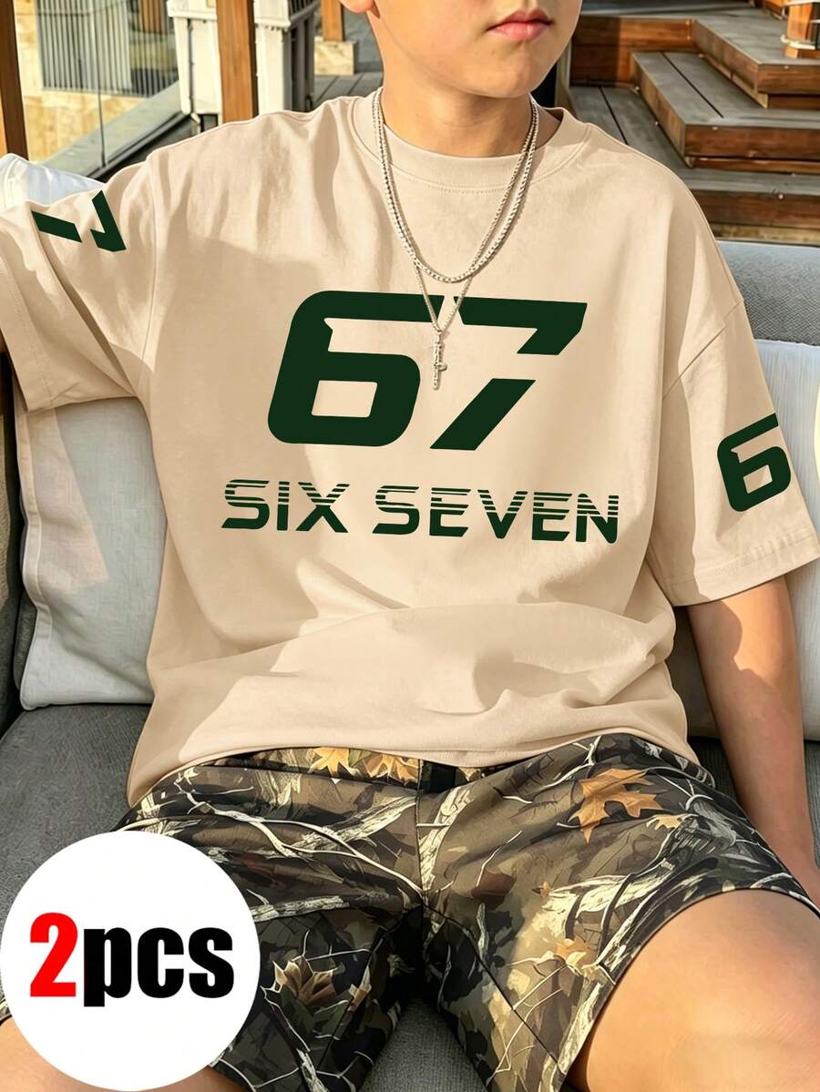 两件套男童圆领短袖T恤,印有“67”图案,搭配休闲短裤,适合夏季度假。 - 杏色 - 查看 1