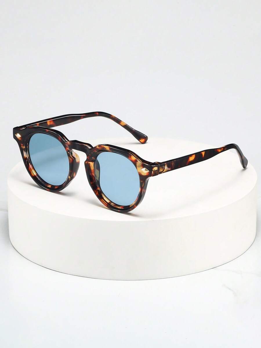 1pc Unisex Retro Round Small Frame Minimalist Personalized Fashion Glasses, Suitable For Travel, Holidays, Beach And Daily Wear - Tortoise Shell Frame Blue Piece - View 1