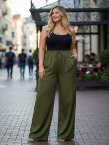 Women's Plus Size Tailored Cargo Pants With Wide Legs - 墨綠色 - 查看 2