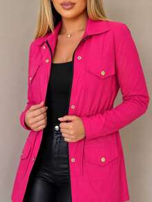 Women's Bengaline Parka Coat With Drawstring, Pockets, And Buttons - Hot Pink - View 3