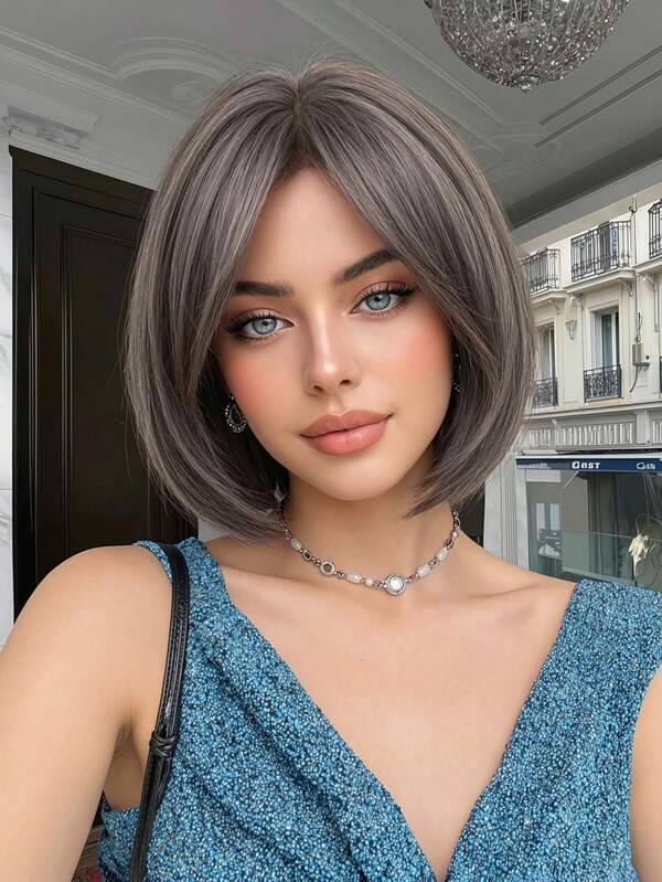 10-Inch Dark Roots ,Short Straight Bob Wig,Women's Natural Heat Resistant Synthetic Wig With Bangs, And White & Black Colored Middle-Parted Short Straight Wig, Beautiful Everyday Women Synthetic Wig. Colored Synthetic Wig For Cosplay