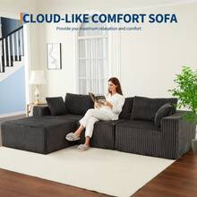 Modular Memory Foam Sectional Sofa For Living Room – Deep Seat Corduroy Couch, Boneless Design, No Assembly Needed, Spacious Multi-Person Furniture - Grey - View 7