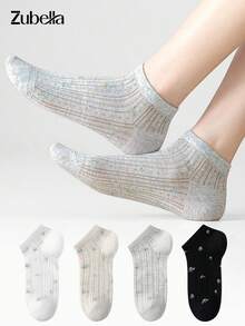 4 Pairs Women's Short Ankle Socks, Minimalist Fashion Comfortable Mesh Forest Style Mid-Calf Socks, Cute Floral Socks, Suitable For All Seasons - Multicolor - View 2