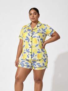 Snug League Marira Curve 2pcs/Set Cute Lemon Print Bow Decor Plus Size Ladies Pajama Set, Includes Short Sleeve Shirt With Collar & Button - Yellow - View 5