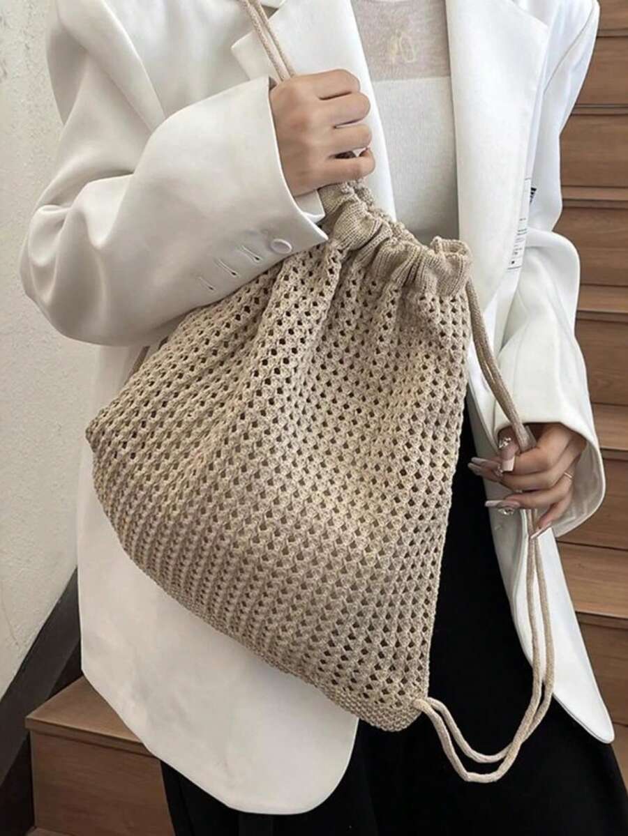 Fashionable Bohemian Crochet Backpack, Women's Woven Beach Tote Bag, Large Capacity Drawstring Bucket Bag, Foldable Women's Backpack - Multicolor - View 1