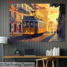 1pc 2D Flat Banner, Pattern Of A Yellow Tram With Sunset Background, Printed With UV Technology. This Banner Is Suitable For Party, Home And Garden Celebration Events - 3 - View 3