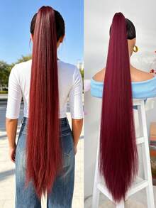 HEYPINK 38-Inch Extra Long Straight Synthetic Hair Ponytail Extension, Ombre Brown To Burgundy Black, Claw Clip Ponytail Hair Accessory Suitable For Women Party And Daily Use - Dark Brown - View 16