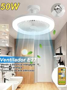 50W Lampara Ventilador,  Foco Led Ventilador Abánico Techo, Ventilador De Techo E27/110V con control remoto,Lámpara Silenciosa Con Control Remoto Ventiladores Luces , lámpara de ventilador para habitación, salón, comedor, dormitorio - Blanco - Ver 2
