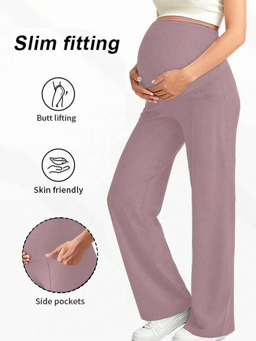 1件女款孕婦褲,附口袋,彈性腰帶不勒腹部,雙口袋方便攜物 - 淡紫色 - 查看 1