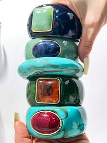 Contrast Marble Pattern Resin Wide Bangle, Marble Texture Design, Light Luxury Inlaid Colorful Stones, Thickened Exaggerated Niche Design Jewelry Bracelet - Multicolor - View 8