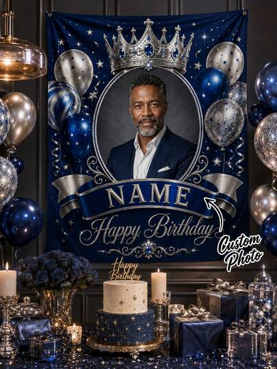 1 stuk gepersonaliseerde verjaardagstapestrij achtergrond met foto en naam, blauw & zilveren kroon thema gepersonaliseerde Happy Birthday wandbanner, koninklijke feestdecoratie voor woonkamer, desserttafel, fotobooth, binnen- & buitenfeest