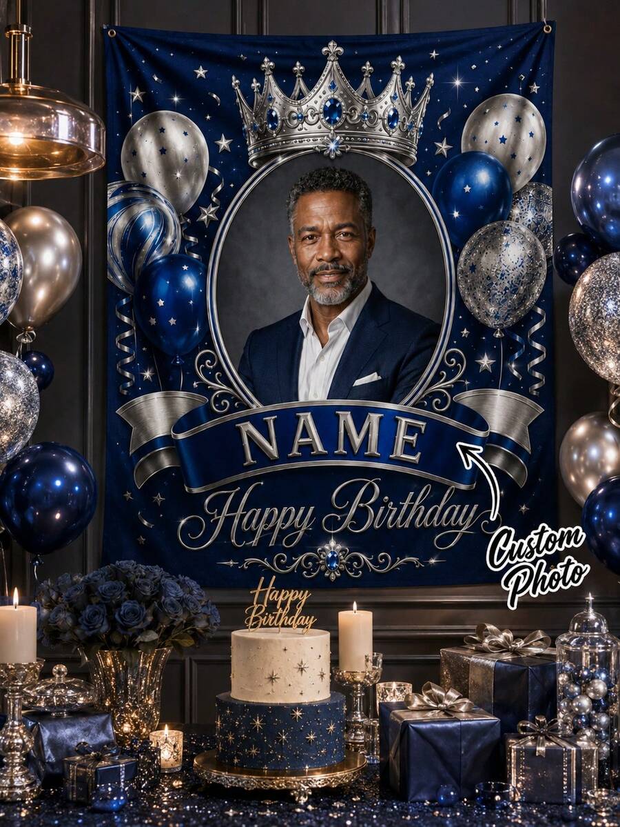 1pc Customized Birthday Backdrop Banner, With Photo And Name, Blue And Silver Crown Theme Personalized Happy Birthday Wall Hanging Banner, Royal Party Decoration, Suitable For Living Room, Dessert Table, Photo Area, Indoor And Outdoor Celebration Events - Multicolor - View 1
