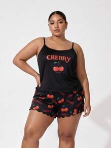 Snug League Plus Size Women's Sleepwear Set, Cherry Letter Print Camisole And Shorts, Loose And Comfortable, Summer Pajamas - Black - View 8