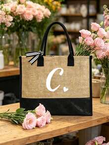 黑色亞麻托特包附肩帶與化妝包，極簡白色字母圖案，大容量，可拆卸肩帶，亦可用作盥洗包、零錢包或筆袋 - 彩色 - 查看 4