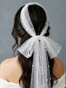 Voile long en tulle avec nœud et perles, accessoire de tête ruban de mariée multifonction, écharpe de cou de mariage pour la mariée, séance photo d'élopement - Blanc - Voir 13