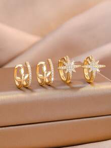 6pcs/Set European & American Style Octagonal Star Fully Rhinestone Earrings, Multi-Layer C-Shaped Micro-Pave Rhinestone Ear Clips, Niche Design, Exquisite Earrings, Women's - Gold - View 4