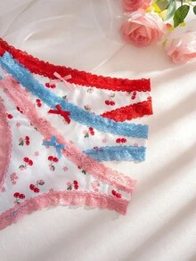 3 Stück/Pack Damen bedruckte Spitzen-Patchwork Schleifen Komfort Tanga Höschen - Weiss - Übersicht 3