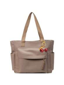 Bolso Bandolera de Gran Capacidad de unicolor y Elegante, Bolso Tote Versátil para Estudiantes, Clases, Desplazamientos y Salidas - Caqui - Ver 5