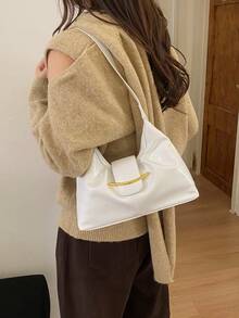 Fashionable Minimalist Retro Handbag, Modern Unique Pleated Design Crossbody Bag; Simple Versatile Solid Color Commuter Style Shoulder Bag - White - View 5