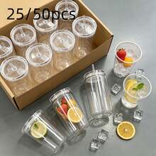 25/50pcs, 16oz Single-Layer Clear Plastic Cups With Straw And Lid. Portable, Durable, And Reusable Coffee Cups, Camping Mugs, Juice Bottles. Suitable For Weddings, Parties, Office, Everyday Use, Teacher's Day, Mother's Day, And Graduation Season. - 透明/50pcs - 查看 8
