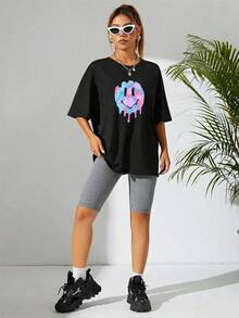 Camiseta De Hombros Caídos Con Estampado De Dibujos Animados - Negro - Ver 9