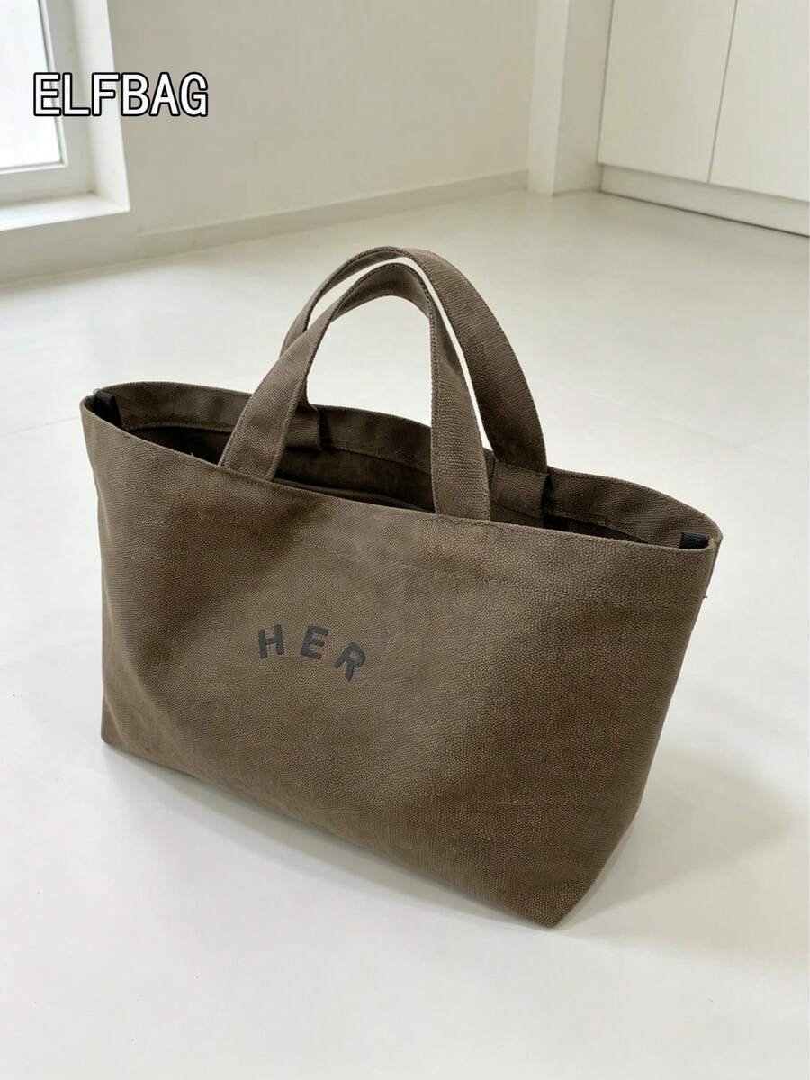 Tas Tote Kanvas Minimalis Kasual dengan Motif Huruf, Tas Tangan Warna Polos, Gaya Serbaguna dengan Kualitas dan Harga Terjangkau, Cocok untuk Ibu dengan Anak, Pelajar, dan Profesional Kantoran - Dark Grey - View 1