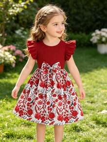 Đầm casual dễ thương tay bèo cổ tròn thắt nơ họa tiết hoa và rừng cho bé gái, thích hợp mặc ngoài trời. - Gỗ đỏ - Xem 1