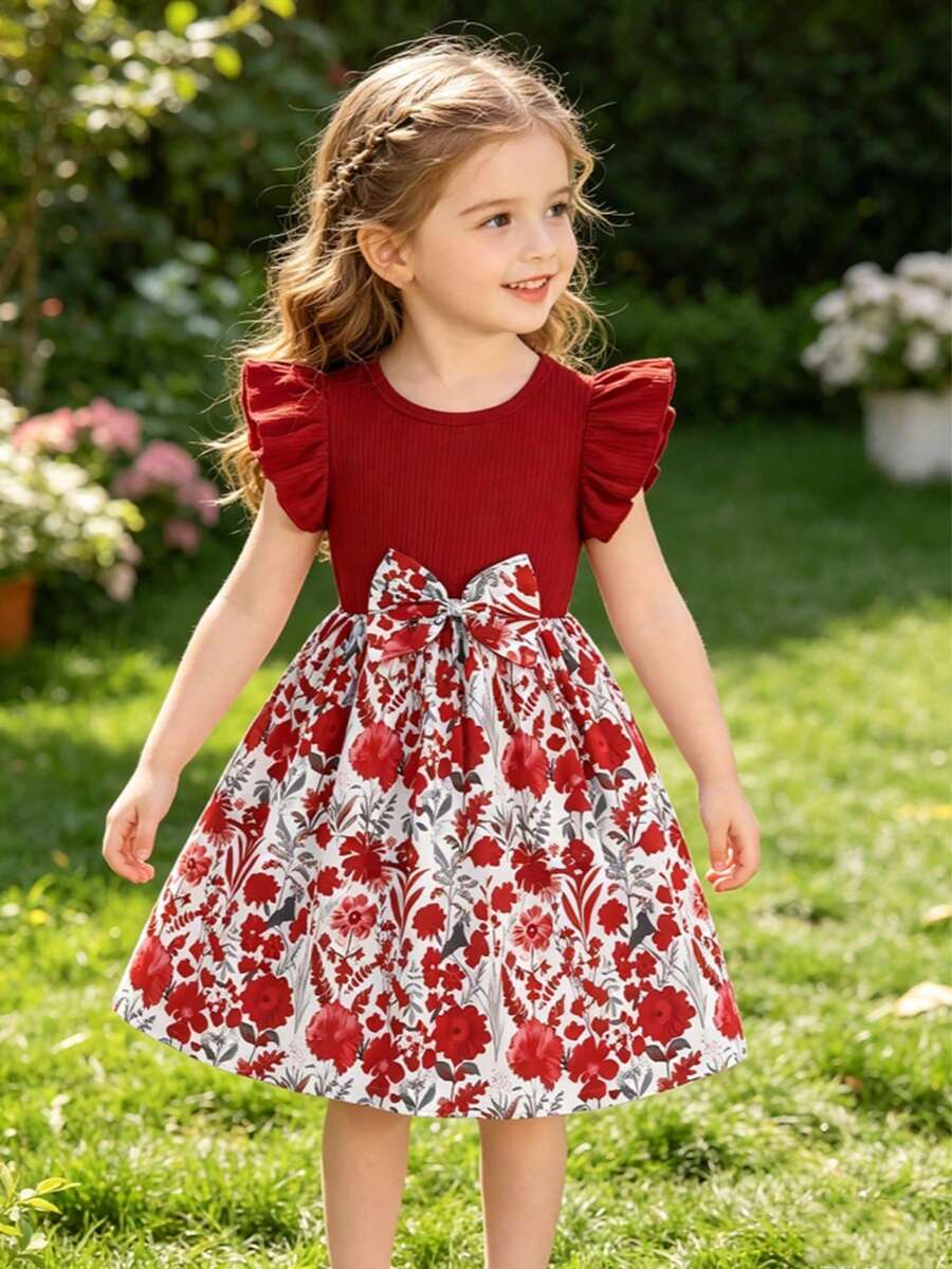 Đầm casual dễ thương tay bèo cổ tròn thắt nơ họa tiết hoa và rừng cho bé gái, thích hợp mặc ngoài trời. - Gỗ đỏ - Xem 1