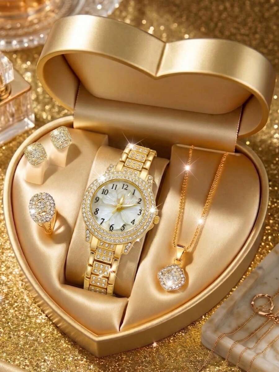 4PCS/Set Fashion Women's Watch, Elegant Luxury Rhinestone Floral Dial Quartz Watch With Rhinestone Necklace, Earrings, Ring, Suitable For Daily Wear, Holiday Parties, Weddings, Christmas And Other Occasions, Gift For Girlfriend - Multicolor - View 1