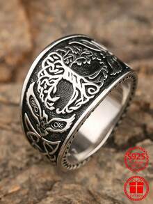 1pc Vintage Distressed Carved Tree Of Life Ring With Flying Birds On Both Sides, 925 Sterling Silver, Size 7-11, Daily Wear Valentine's Day Gift, Comes With Gift Box - Silver - View 2