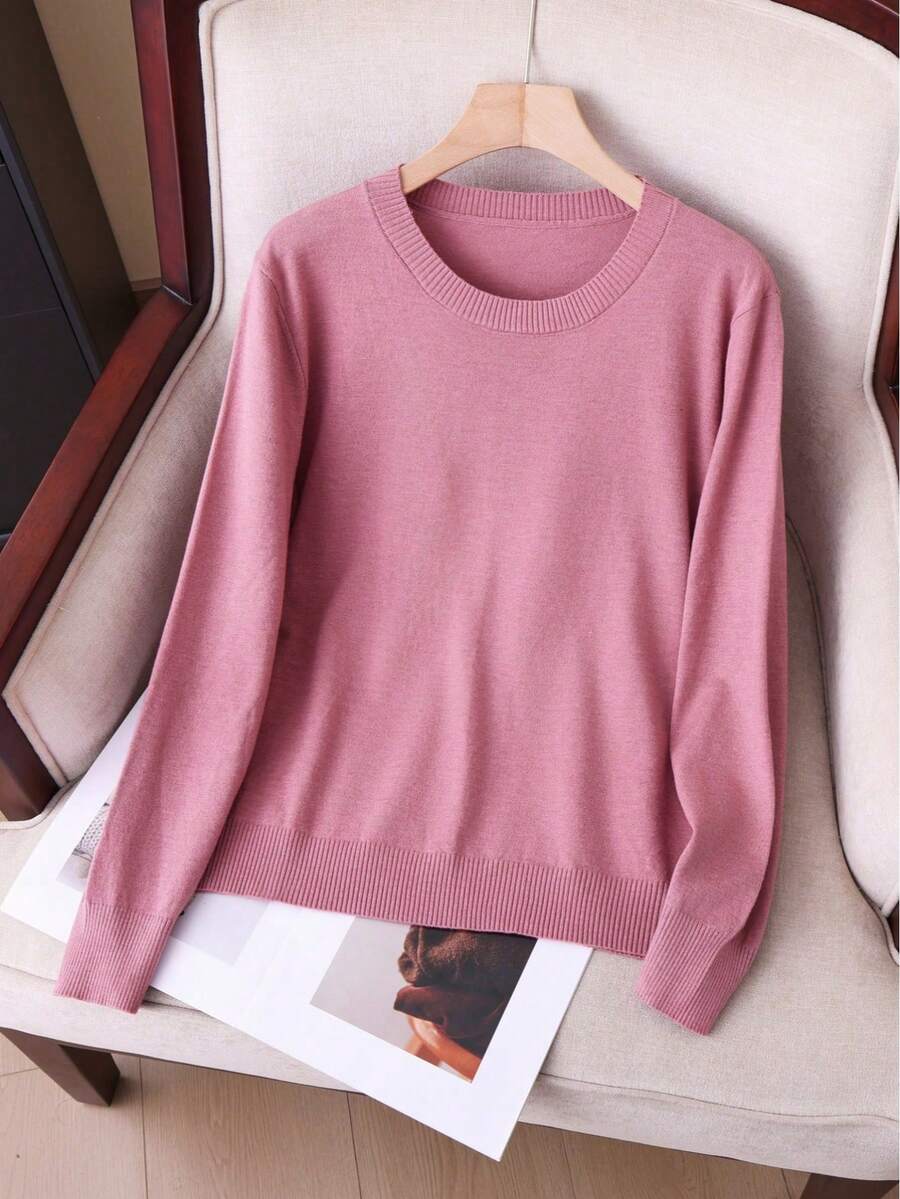 GIGOGOU 大尺碼 1XL-4XL 秋冬基礎針織毛衣上衣 長袖女裝 - 玫瑰紅 - 查看 1