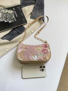 時尚金屬鏈條手把女款包款 花卉布料休閒半月形花紋手提包 - 粉色 - 查看 5