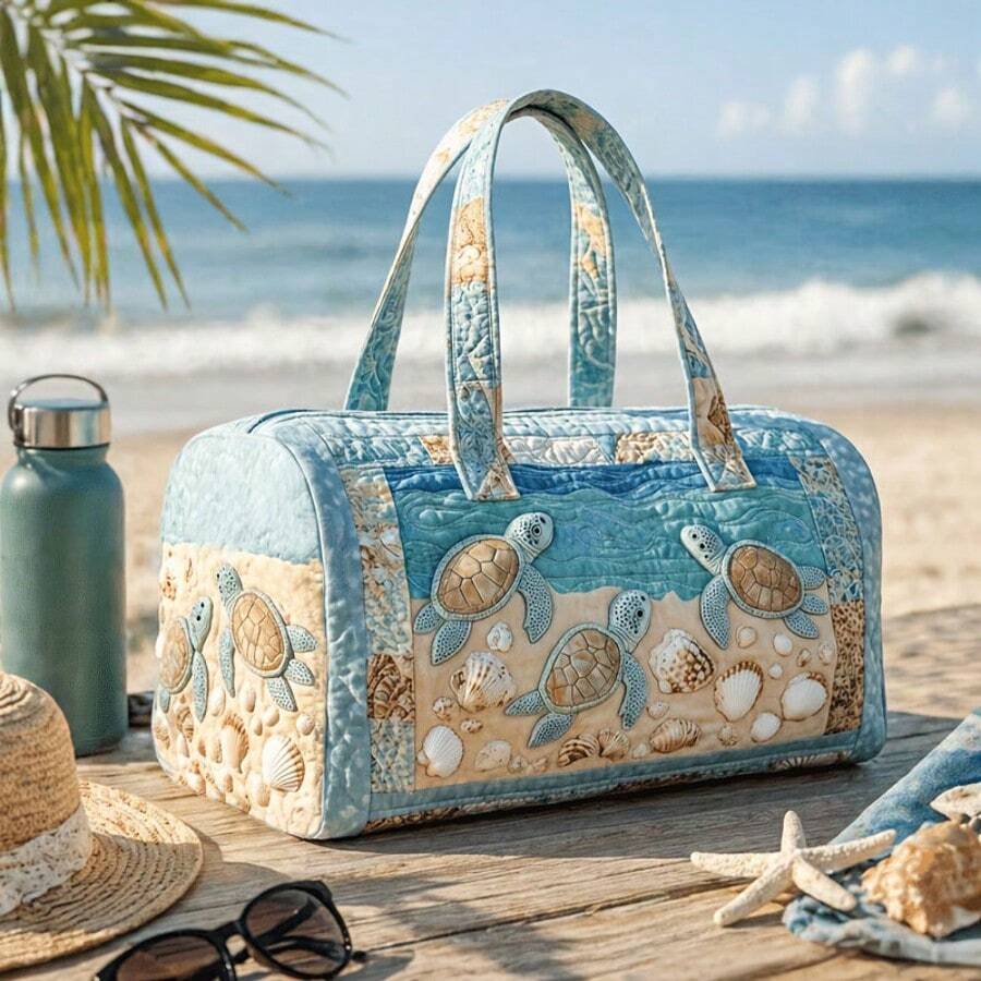 2D Printed Turtle Pattern Tote Beach Bag Large Capacity Lightweight Durable,Zipper Handles Travel Duffle Bag For Sports Outdoor Beach Travel Essential - Multicolor - View 1