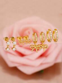 8pcs/Set Women's Fashion Metal Bow Stud Earrings, Sweet Elegant 18K Gold Plated Bow Earrings, Daily Ear Piercing Jewelry - 2 Gold - 8 PCS - View 2