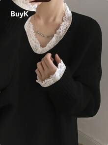 Plus Size [Tops]BuyK Lace Patchwork V-Neck Knit Sweater, Spring/Autumn Loose Slouchy Long Sleeve Pullover, Casual Fashion Versatile All-Season Top Black - Black - View 5