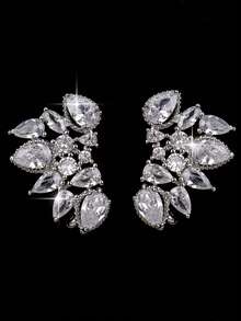 1pair Sparkly Leaf Stud Earrings With Cubic Zirconia, Elegant Jewelry For Women, Perfect For Wedding, Engagement, Anniversary Party & Daily Outfit - White - View 7