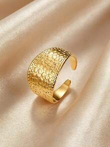 MONALLY 18K Gold Plated Boho Chic Stainless Steel Crocodile Texture Open Adjustable Statement Ring For Women Tarnish Free Everyday Jewelry Perfect Gift - Open Ring - View 6