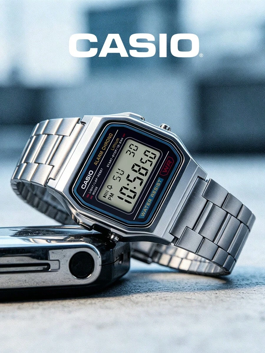 Reloj electrónico digital CASIO Classic cuadrado pequeño A158WA con correa de acero retro, reloj de pulsera multifunción con diseño de correa de acero, alarma, temporizador y reloj deportivo - Negro - View 1