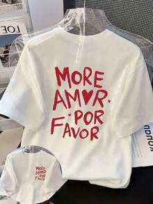 Camiseta casual de manga corta con cuello redondo y eslogan "talla grande amor por favor" para mujer de talla grande, adecuada para primavera, verano y otoño, color blanco - Blanco - Ver 6