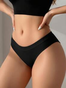 HOTCOM 1pc Black Sexy Solid Color Ribbed Soft Women's Thong Panties Low Waist Pure Cotton Comfortable Skin-Friendly Lingerie - Black - View 2
