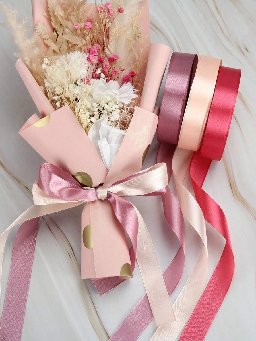 3 Rolls Solid Color Gift Wrapping Ribbon, Suitable For Back To School And Valentine's Day