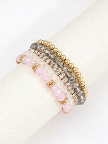 Juego de 5 pulseras elásticas de cuentas de cristal falso y strass estilo Ins, multicapa y apilables, con cuentas CCB, para mujer - Dorado - Ver 4
