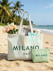 「Milan」字母印花復古條紋帆布托特包,附緞帶,化妝包,女款大容量條紋單肩包,可重複使用購物袋,休閒手提包,文具袋,學生鉛筆盒,內部寬敞輕巧耐用,適用於旅行、工作、上學、海灘、買菜、購物、週末出遊,開口設計方便使用,可水洗托特包,適合女性、媽媽、女孩的完美禮物,畢節紀念品,教師節禮物,節日、開學、生日、開學季、畢業季 - 彩色 - 查看 6