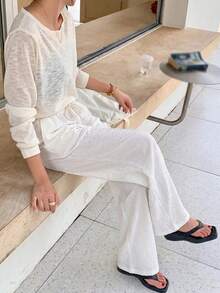 Pantalones holgados de cintura alta con rayas y pierna ancha, cintura con cordón, versátiles (patrón de rayas aleatorio) blanco - Blanco - Ver 3