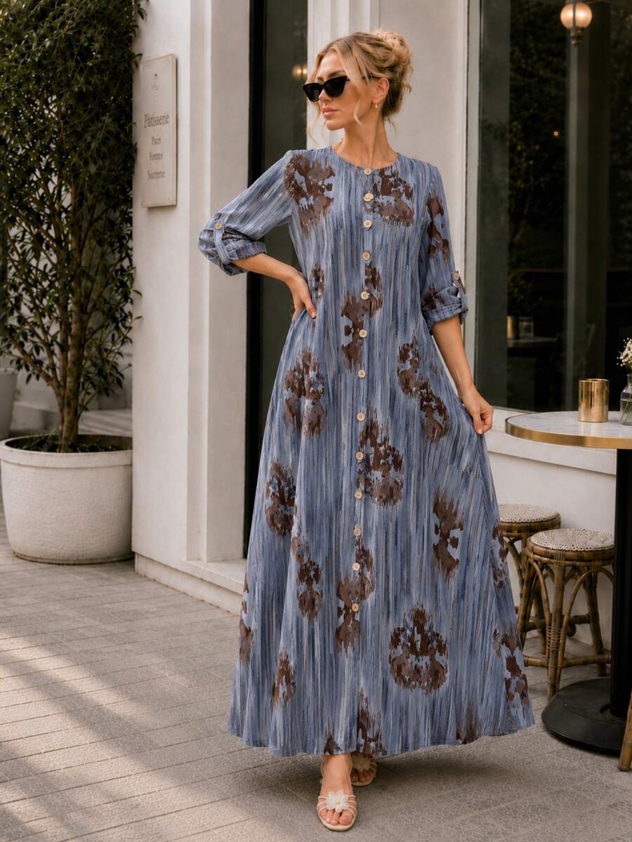Plus Size Printed Maxi Dress for Women Long Sleeve Button Down Bohemian Casual Dress with Pockets - 藍色 - 查看 1