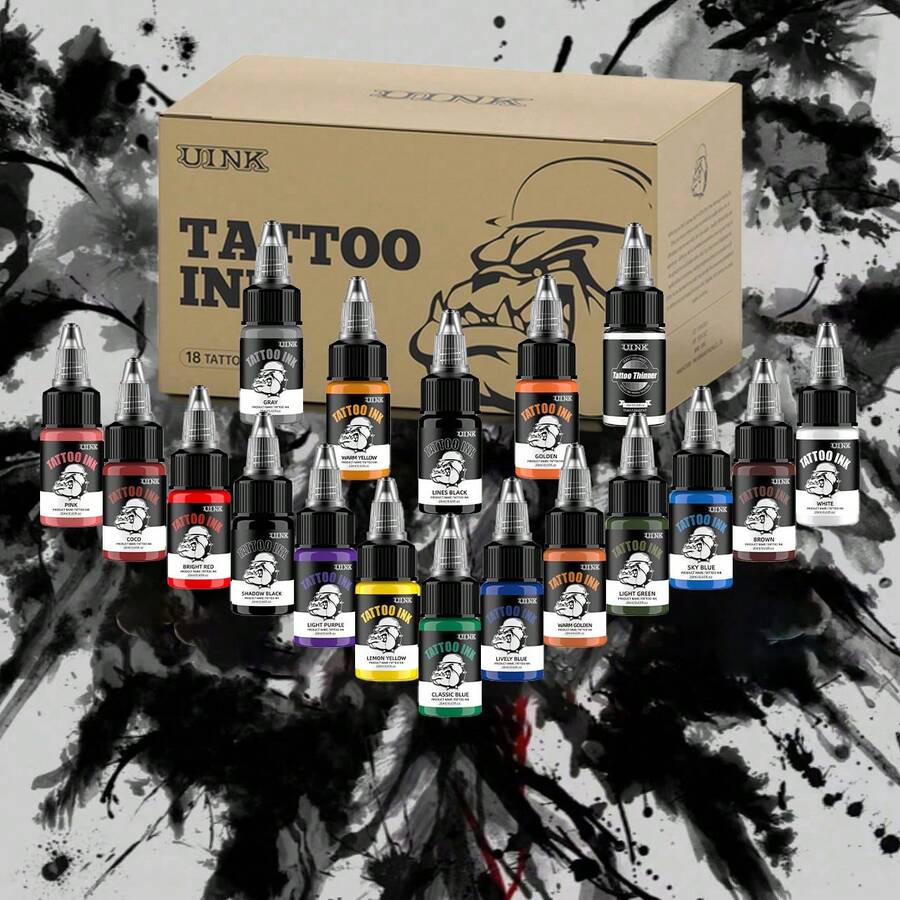 18色纹身墨水套装,20毫升(0.65盎司)纹身墨水套装,用于勾勒轮廓和阴影,纹身用品,专业纹身颜料,适用于人体艺术纹身 - 彩色 - 查看 1