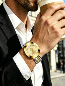VA VA VOOM Brand Men's Quartz Watch, Luxury Gold Stainless Steel Band, 40mm Oval Dial With Rhinestone Markers, Original Timekeeping And Date Function, Business Style, Fashionable And Versatile, Suitable For Work, Party, School And Other Occasions, Men's Holiday Gift Wristwatch - Gold - View 9