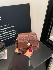 1pc Coffee Brown Summer New Metal Rivet Decor Retro Crocodile Embossed Solid Color PU Mini Square Crossbody Coin Purse For Women - Coffee Brown - View 2