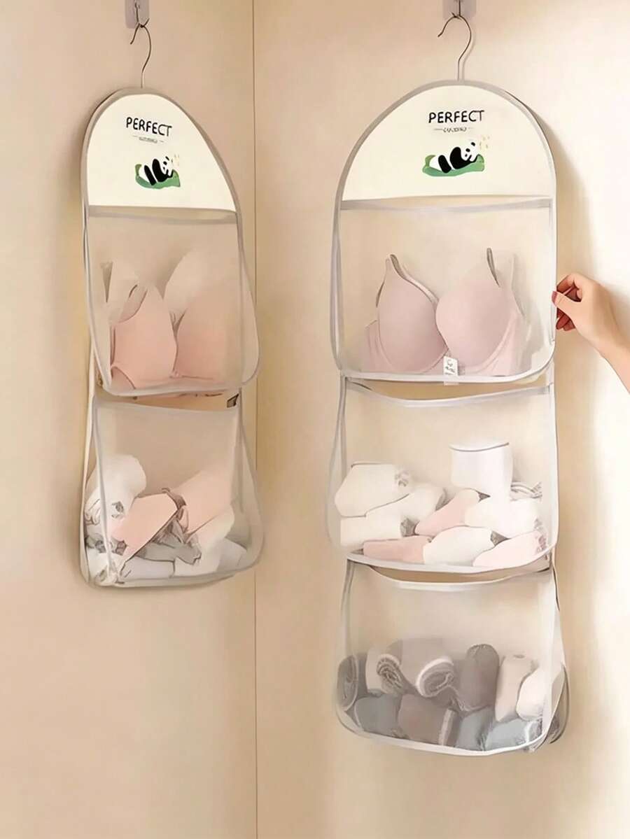 1 pieza Bolsa de almacenamiento colgante con estampado de panda, organizador de pared con múltiples compartimentos, tela de malla transpirable, puede almacenar ropa interior, calcetines, juguetes, artículos de tocador y artículos de primera necesidad, adecuado para armario, baño y cocina, bolsa colgante portátil multifuncional, plegable y ahorradora de espacio